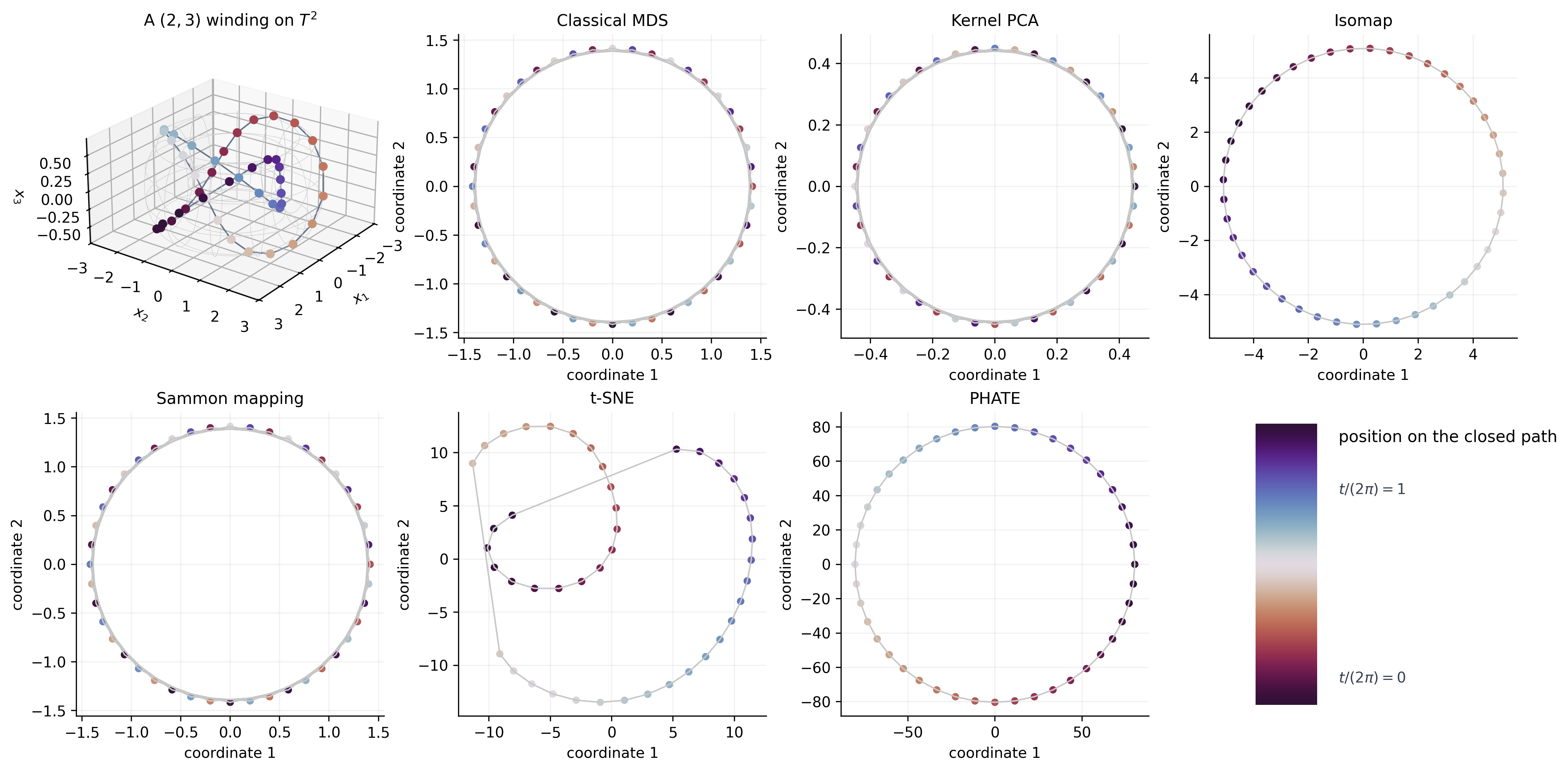 A winding torus trajectory embedded by six dimension-reduction methods