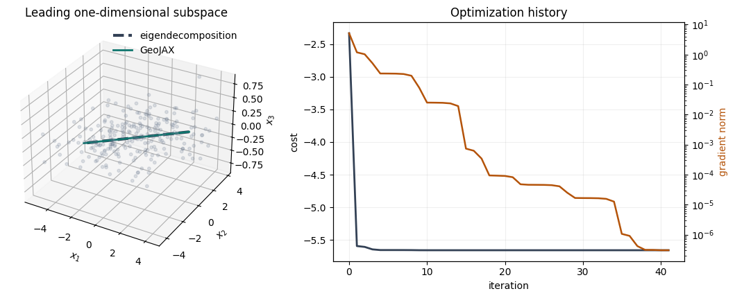Three-dimensional point cloud, principal subspace, and optimization history