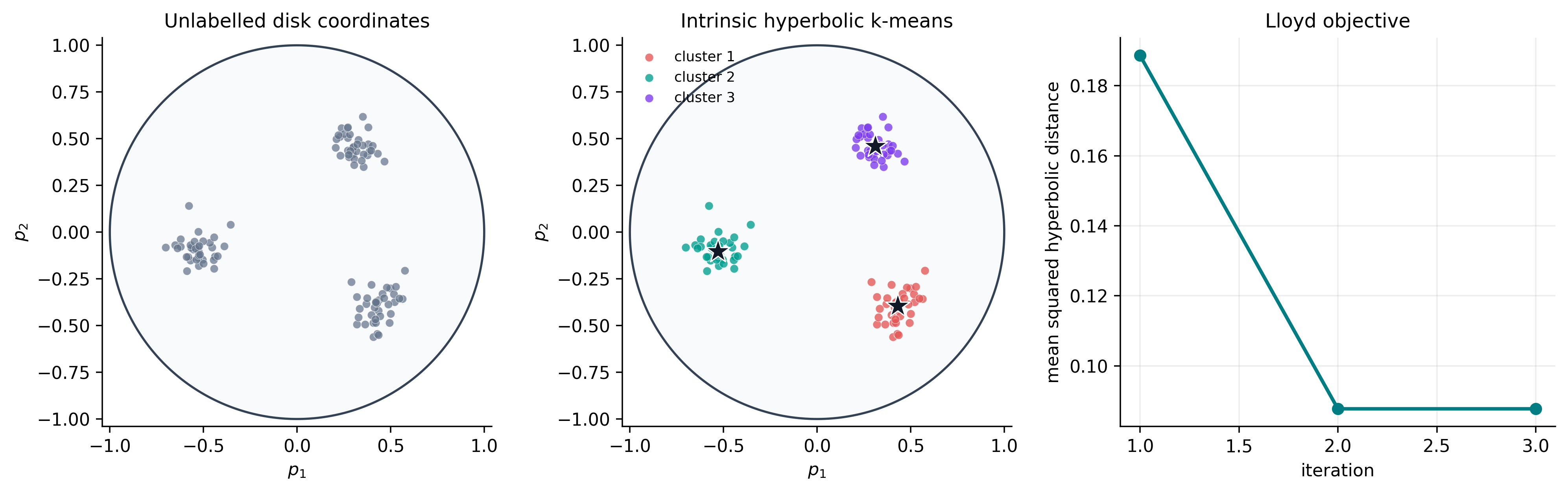 Hyperbolic observations in the Poincare disk, intrinsic clusters, and k-means objective