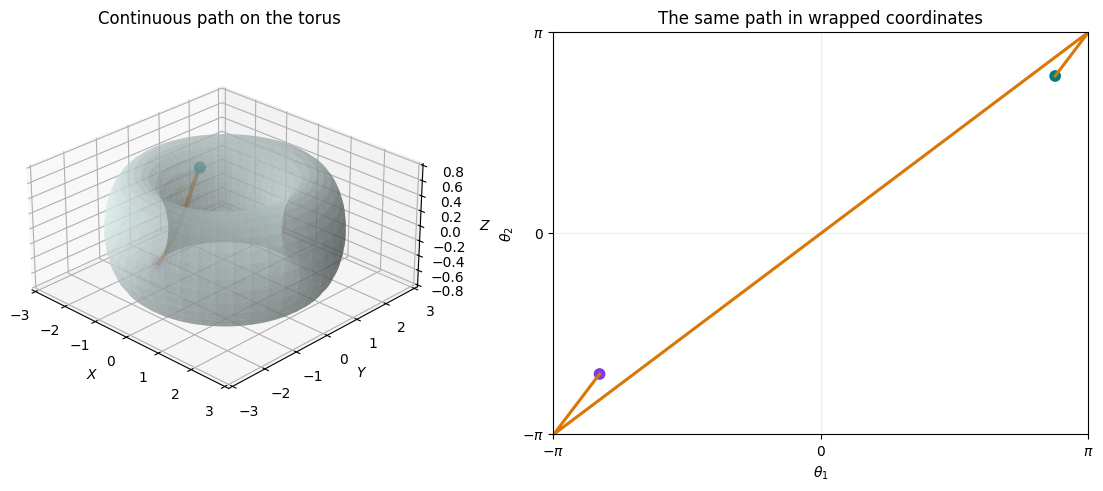 A wrapped geodesic viewed on a torus and in angular coordinates